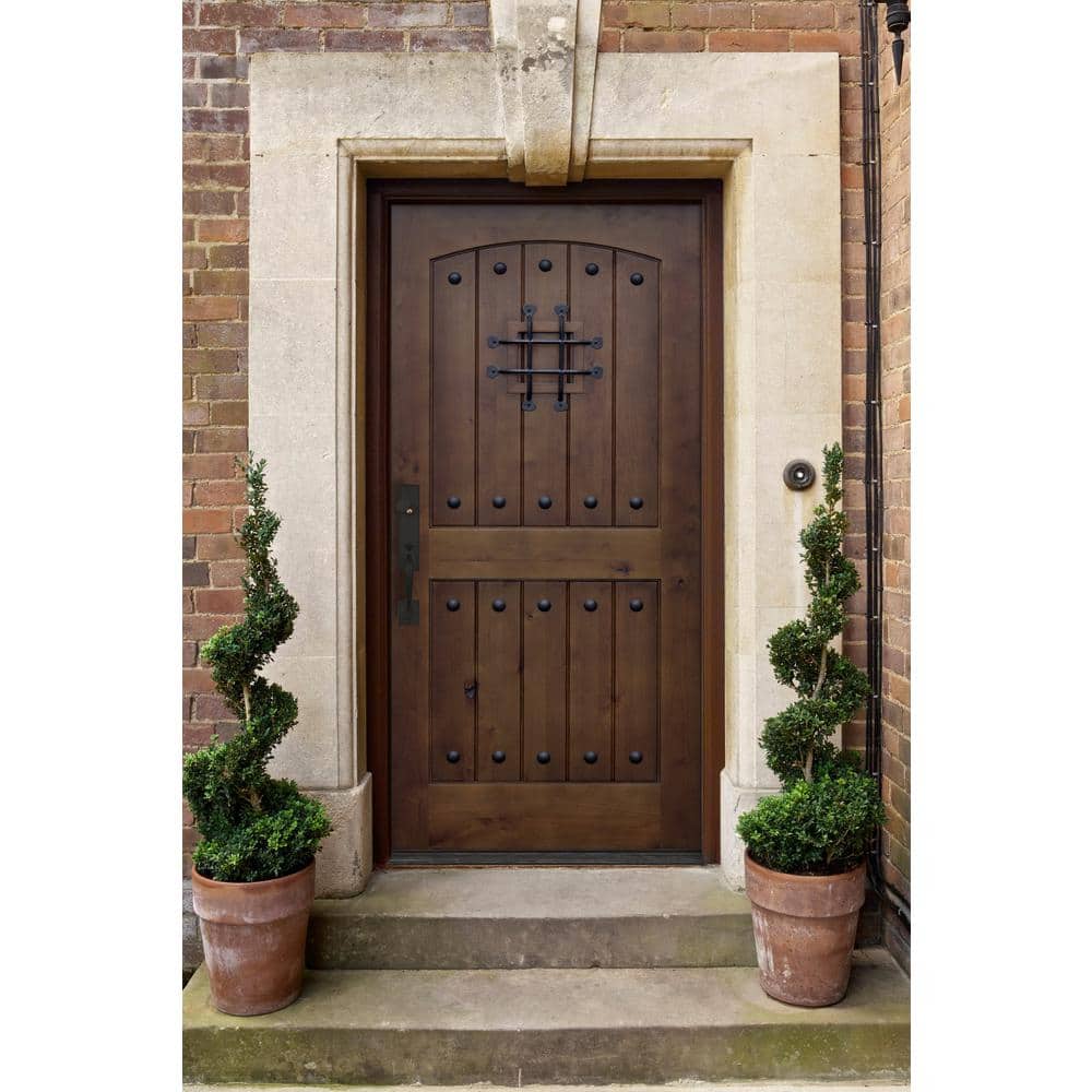 36 in. x 80 in. Walnut Right-Hand Inswing Arched 2-Panel Speakeasy Stained Alder Prehung Front Door with 6-9/16 in. Jamb