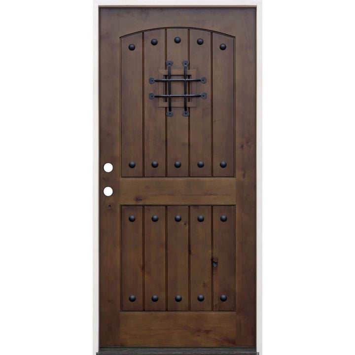 36 in. x 80 in. Walnut Right-Hand Inswing Arched 2-Panel Speakeasy Stained Alder Prehung Front Door with 6-9/16 in. Jamb