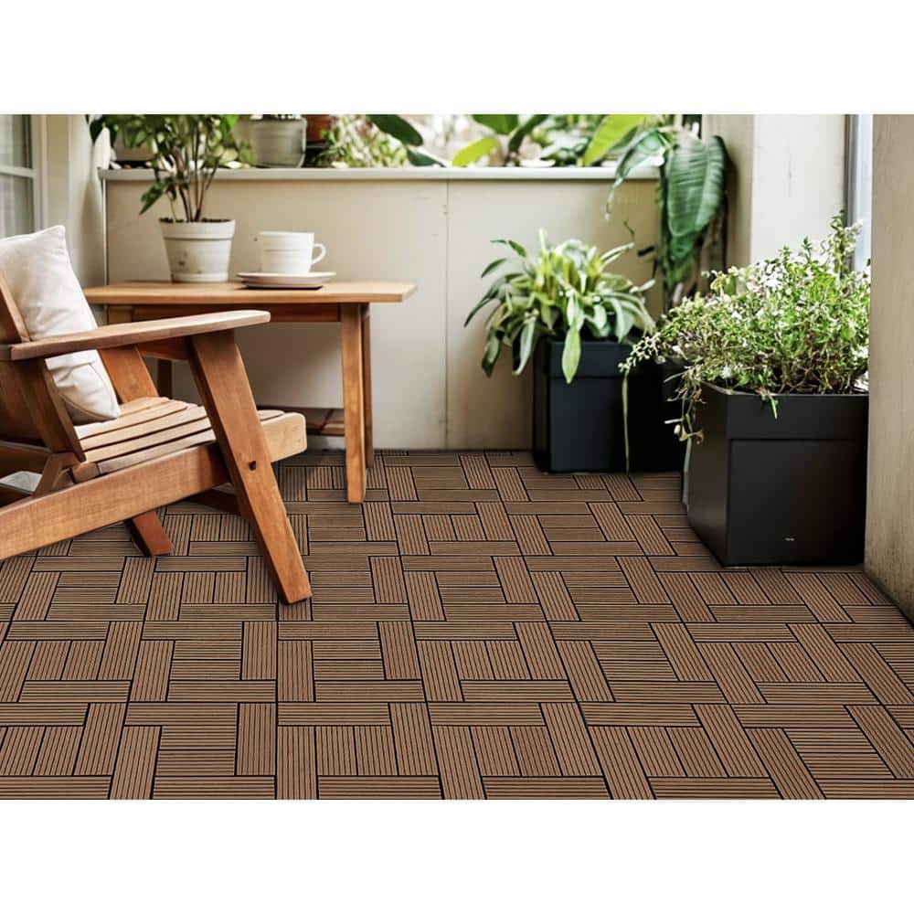 WRIGHTMASTER 0.98 ft. x 0.98 ft. Wood and Plastic Composite Interlocking Deck Tile in Walnut Taupe 6-Stripes (19 sq. ft. Per Box)