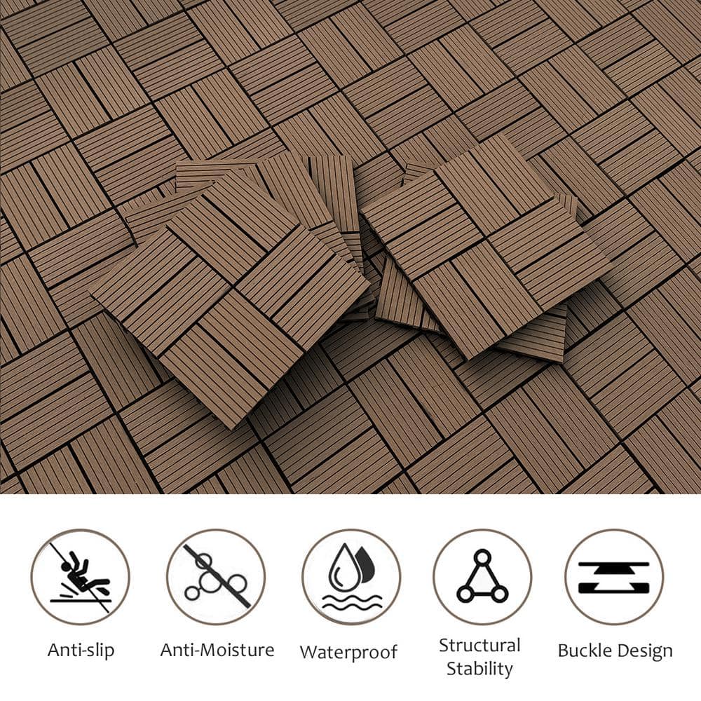 WRIGHTMASTER 0.98ft. x 0.98ft. Wood & Plastic Composite Interlocking Deck Tile in Walnut Taupe 8-Stripes (19 sq. ft. per Box)