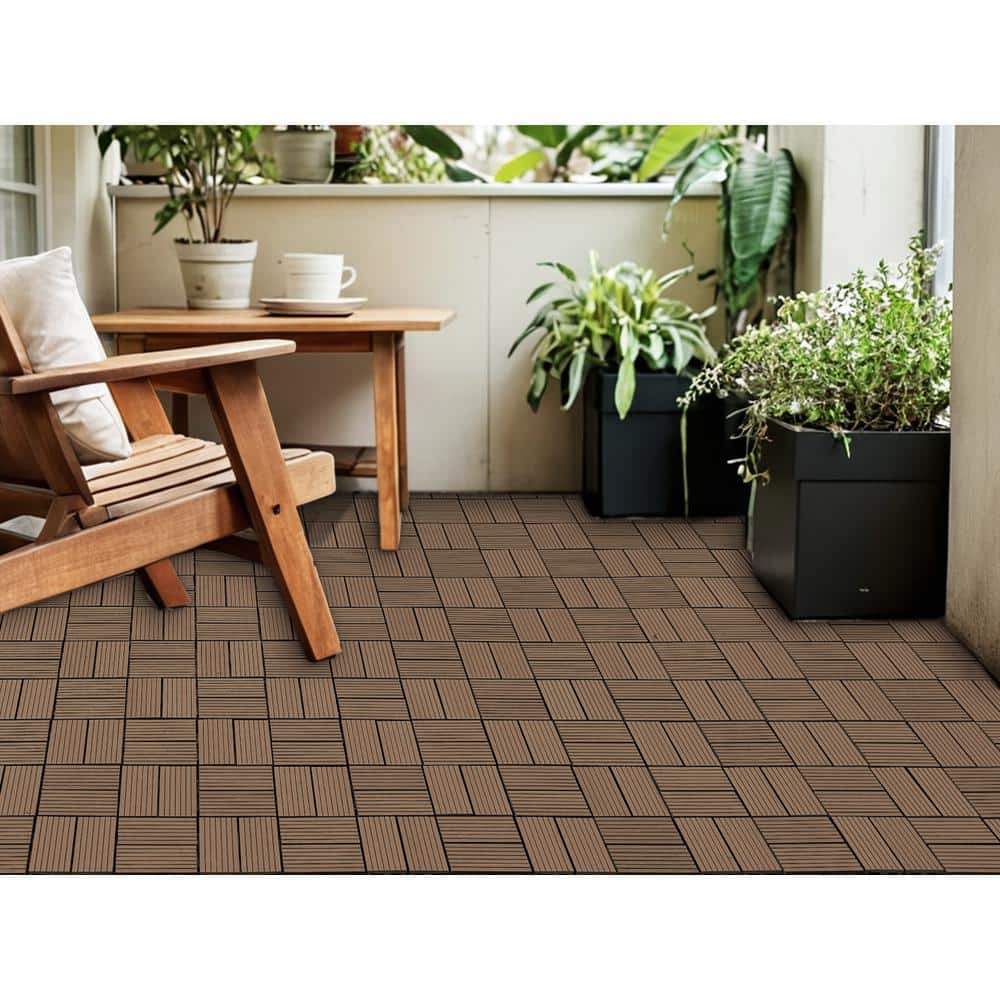 WRIGHTMASTER 0.98ft. x 0.98ft. Wood & Plastic Composite Interlocking Deck Tile in Walnut Taupe 8-Stripes (19 sq. ft. per Box)