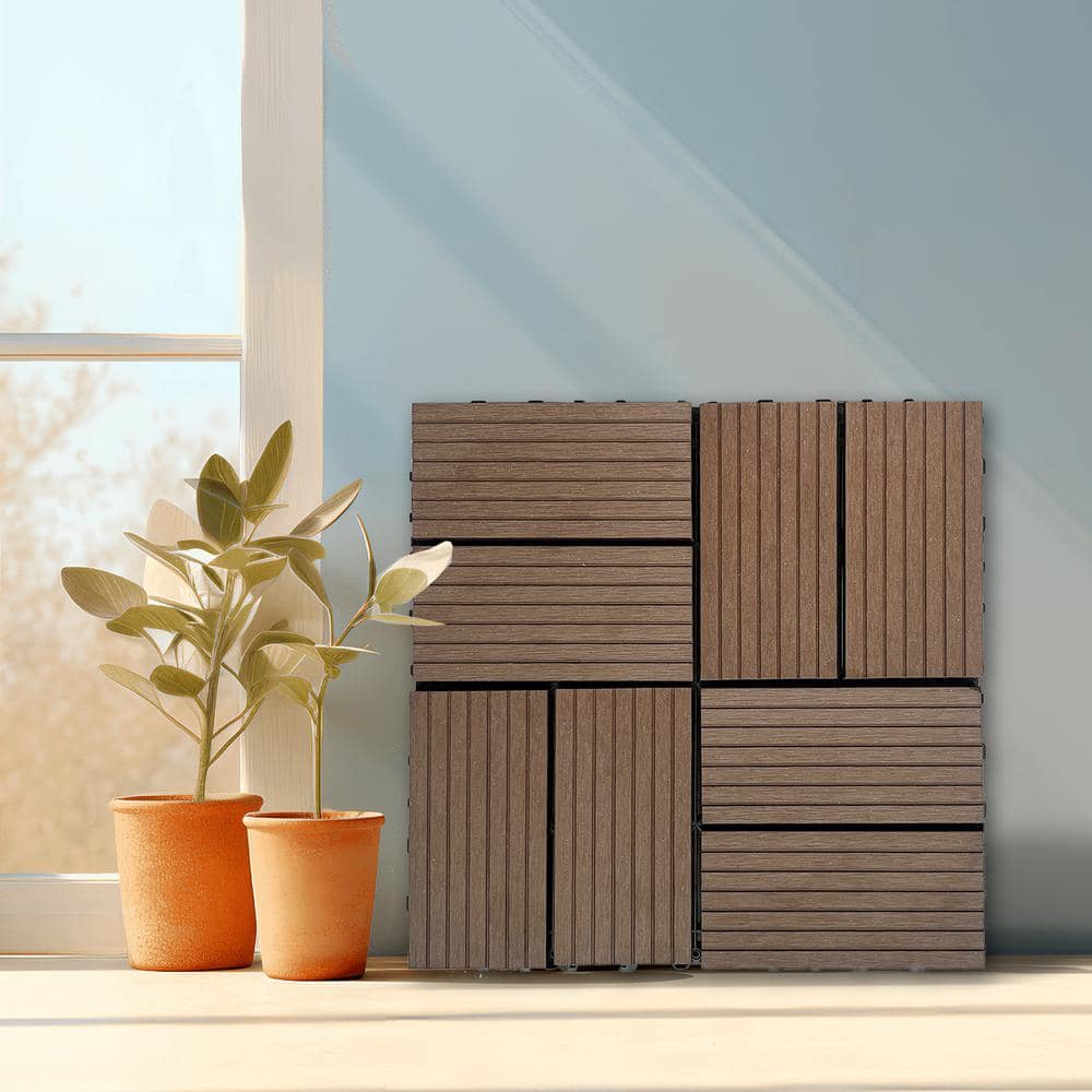 WRIGHTMASTER 0.98ft. x 0.98ft. Wood & Plastic Composite Interlocking Deck Tile in Walnut Taupe 8-Stripes (19 sq. ft. per Box)