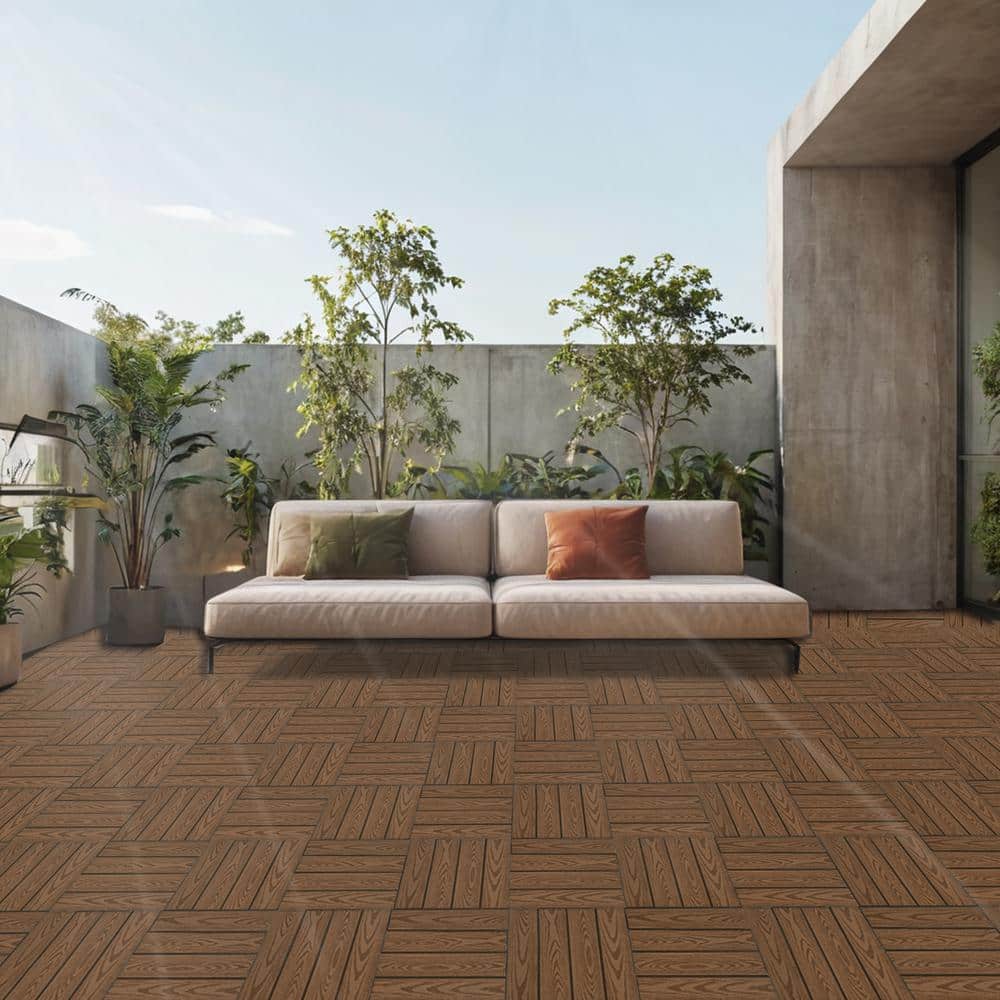 WRIGHTMASTER 0.98ft. x 0.98ft. Wood & Plastic Composite Interlocking Deck Tile in Walnut Wood Grain (19 sq. ft. per Box)