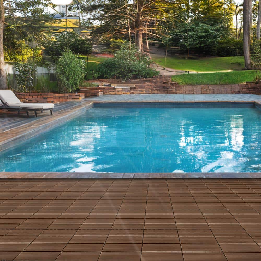 WRIGHTMASTER 0.98ft. x 0.98ft. Quick Deck PVC Plastic Interlocking Deck Tile in Walnut (33.5 sq. ft. Per Box)