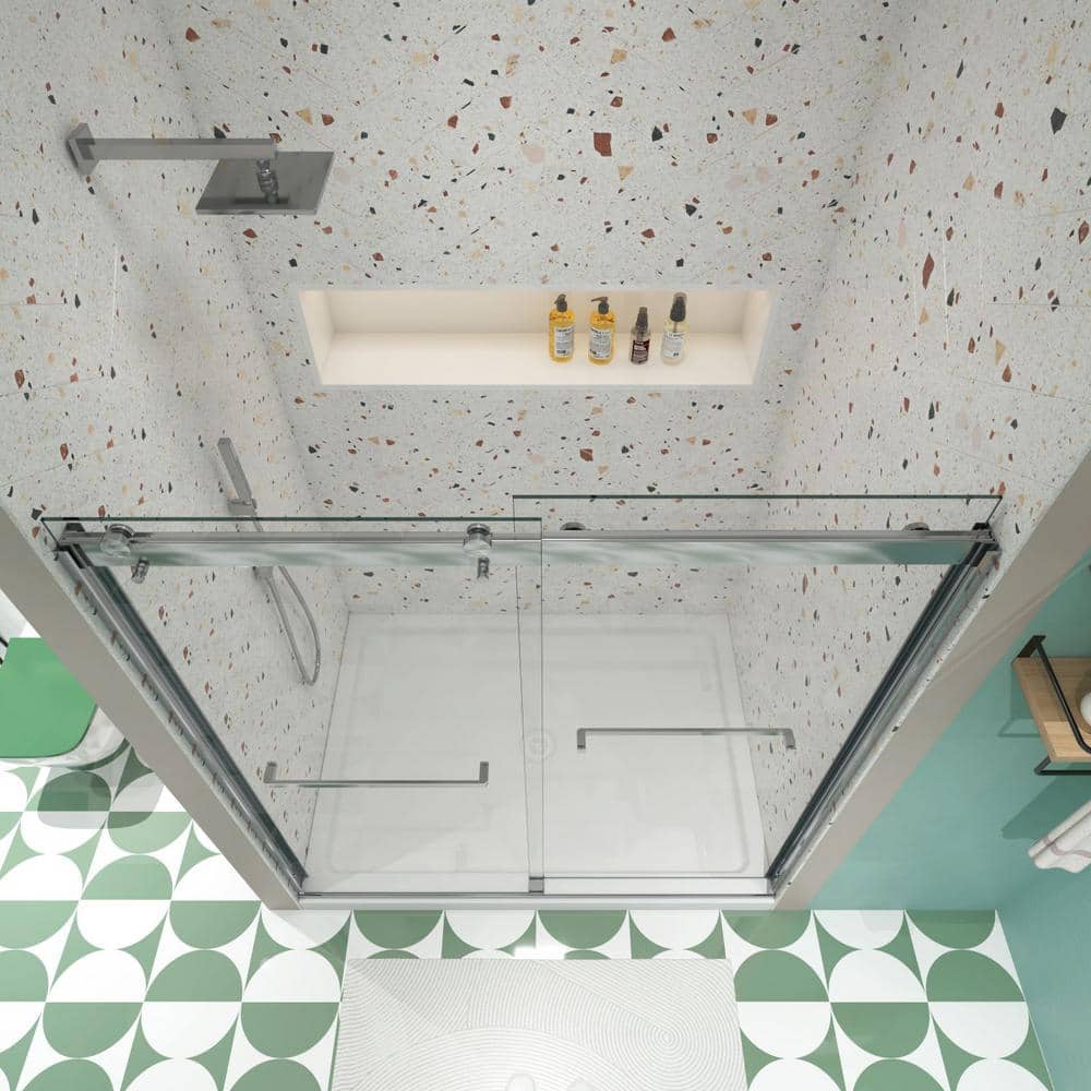 waterpar 58 to 60 in. W x 76 in. H Sliding Framed Shower Door in Brushed Nickel with Clear Glass