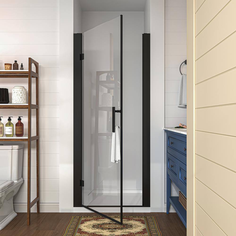 waterpar 30 to 32 in. W x 72 in. H Pivot Swing Frameless Shower Door in Black with Clear Glass