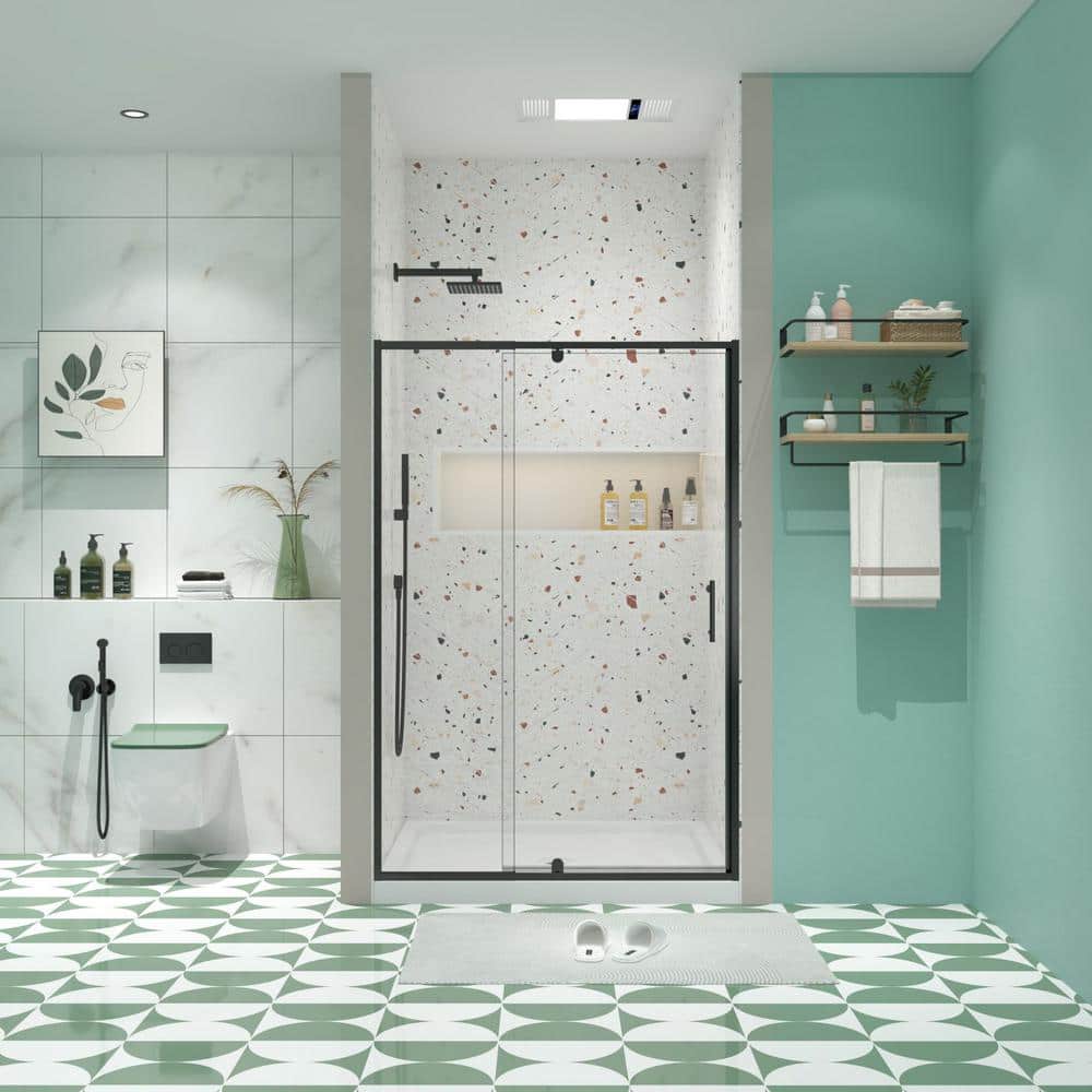 waterpar 38 in. to 42 in. W x 71 in. H Framed Pivot Shower Door in Black with Clear Glass