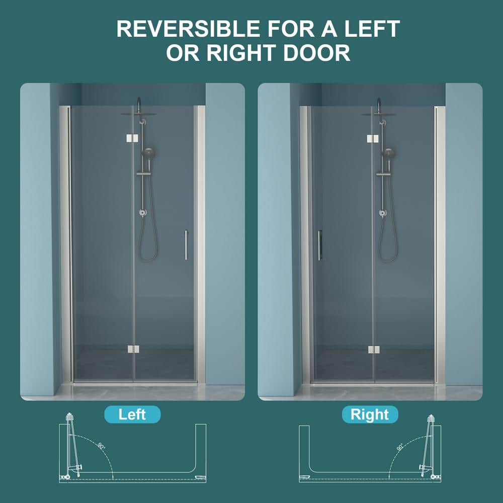 WELLFOR 32 in. W x 72 in. H Bifold Frameless Shower Door with Tempered Clear Glass in Brushed Nickel