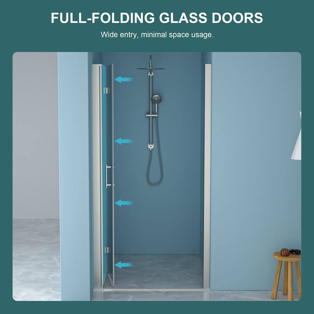 WELLFOR 32 in. W x 72 in. H Bifold Frameless Shower Door with Tempered Clear Glass in Brushed Nickel