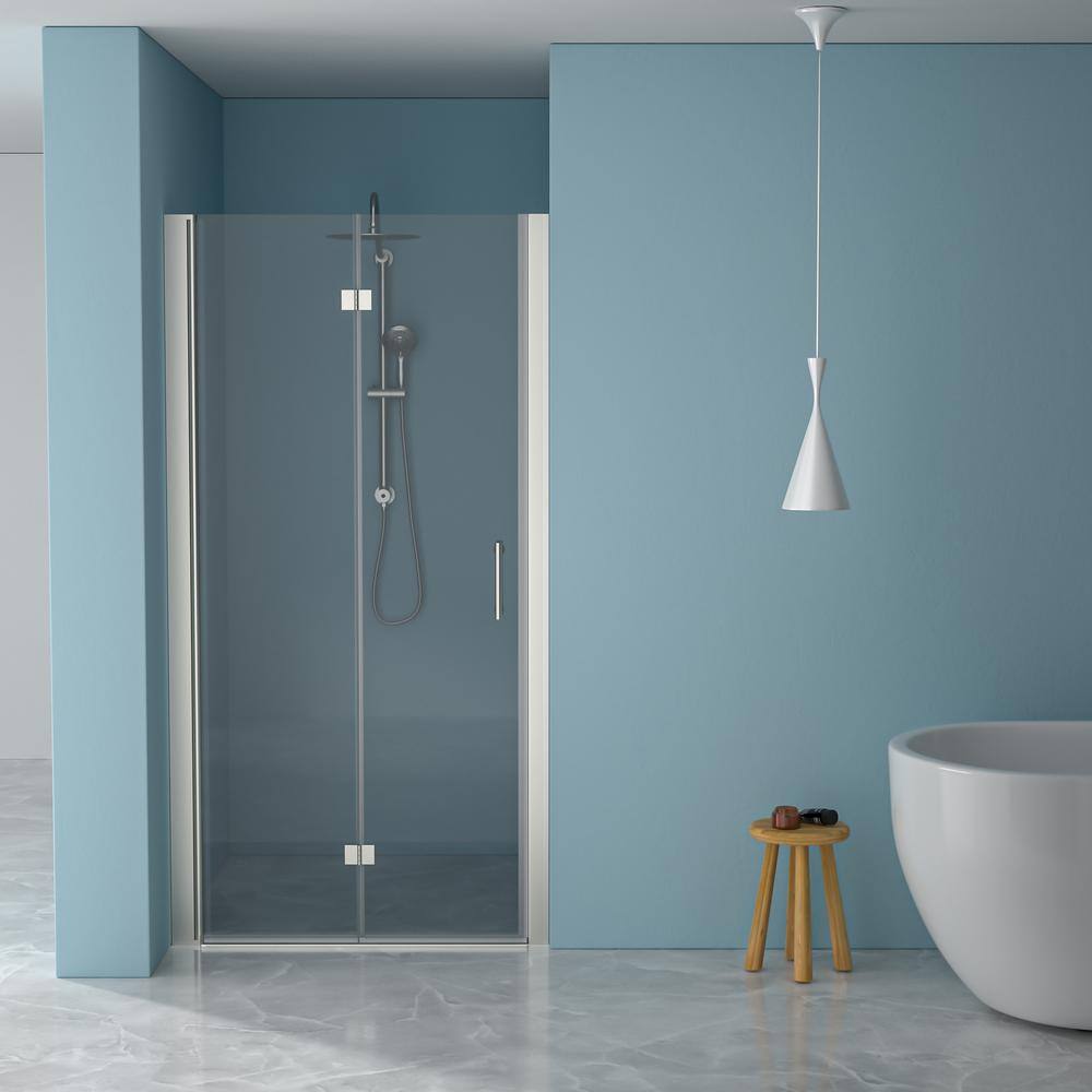 WELLFOR 32 in. W x 72 in. H Bifold Frameless Shower Door with Tempered Clear Glass in Brushed Nickel