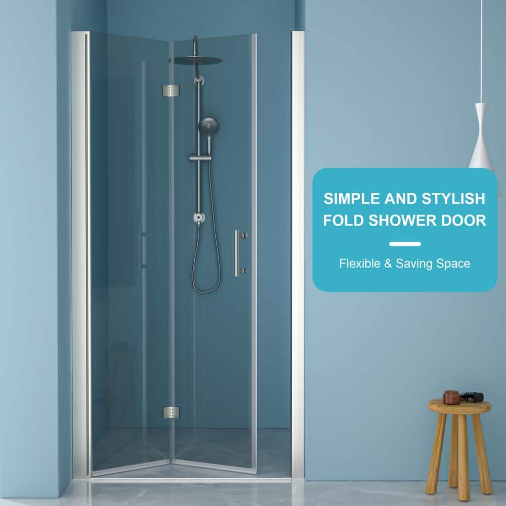 WELLFOR 32 in. W x 72 in. H Bifold Frameless Shower Door with Tempered Clear Glass in Brushed Nickel