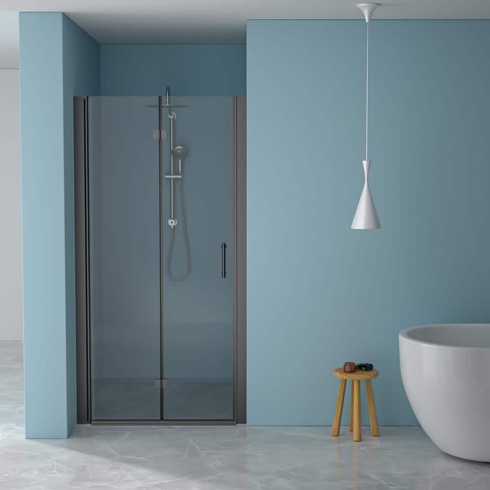 WELLFOR 32 in. W x 72 in. H Bifold Frameless Shower Door with Tempered Clear Glass in Matte Black