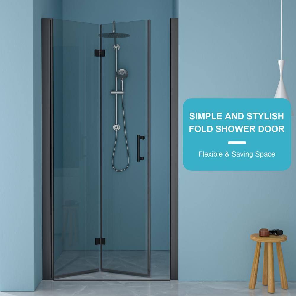WELLFOR 32 in. W x 72 in. H Bifold Frameless Shower Door with Tempered Clear Glass in Matte Black