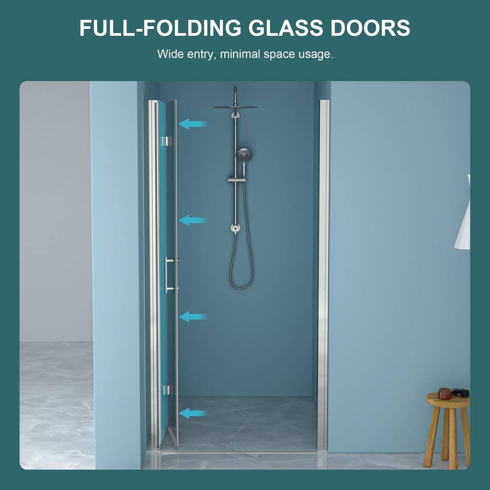 WELLFOR 34 in. W x 72 in. H Bifold Frameless Shower Door with Tempered Clear Glass in Chrome