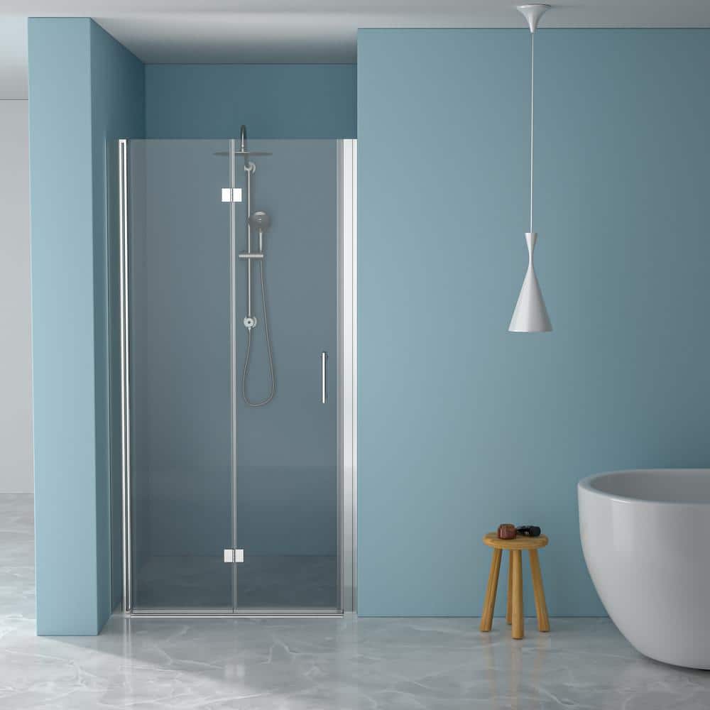 WELLFOR 34 in. W x 72 in. H Bifold Frameless Shower Door with Tempered Clear Glass in Chrome