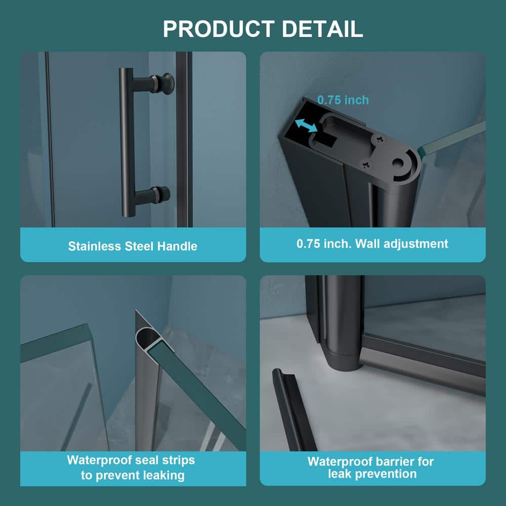 WELLFOR 34 in. W x 72 in. H Bifold Frameless Shower Door with Tempered Clear Glass in Matte Black