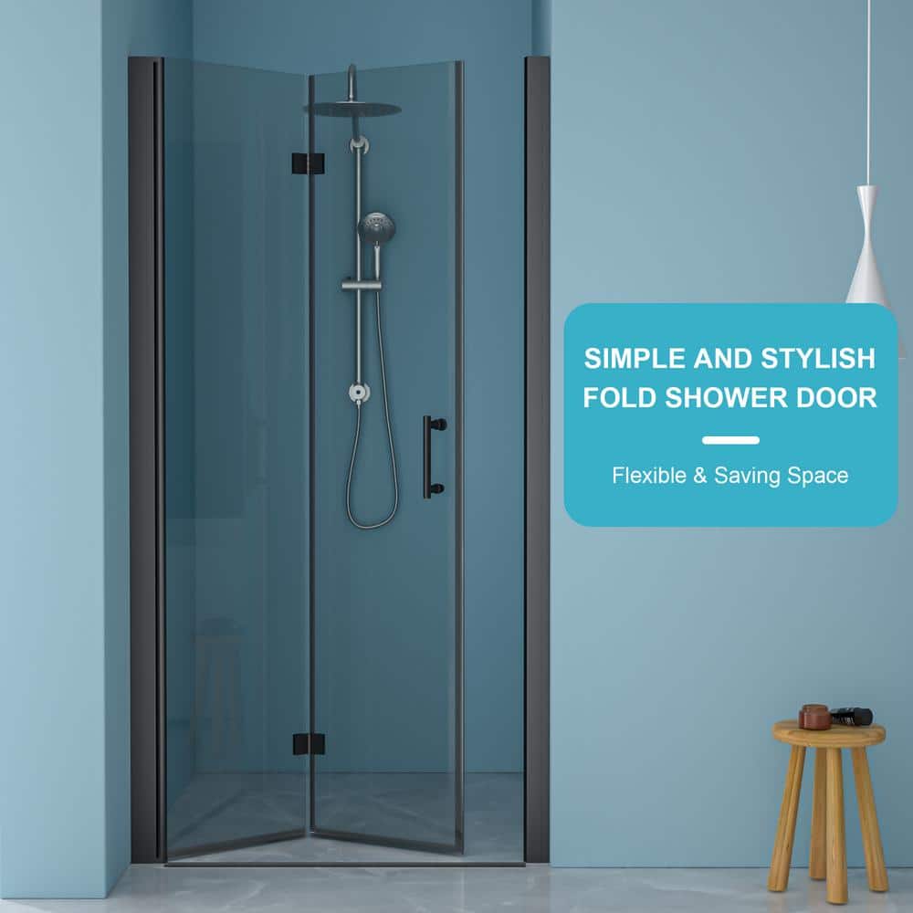WELLFOR 34 in. W x 72 in. H Bifold Frameless Shower Door with Tempered Clear Glass in Matte Black