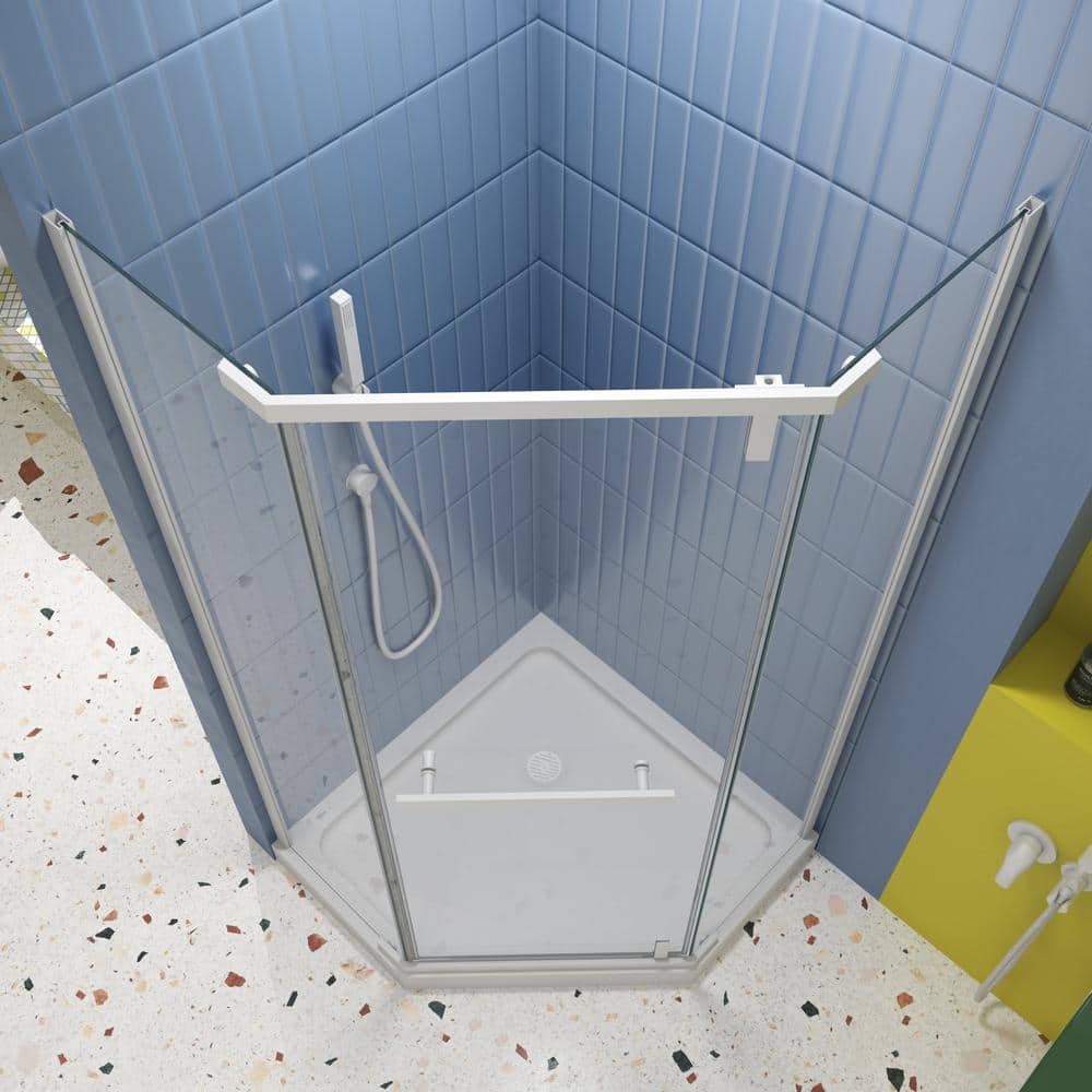 WELLFOR 35.56 in. W x 72 in. H Neo Angle Pivot Frameless Corner Shower Enclosure in Matte White (Base Not included)