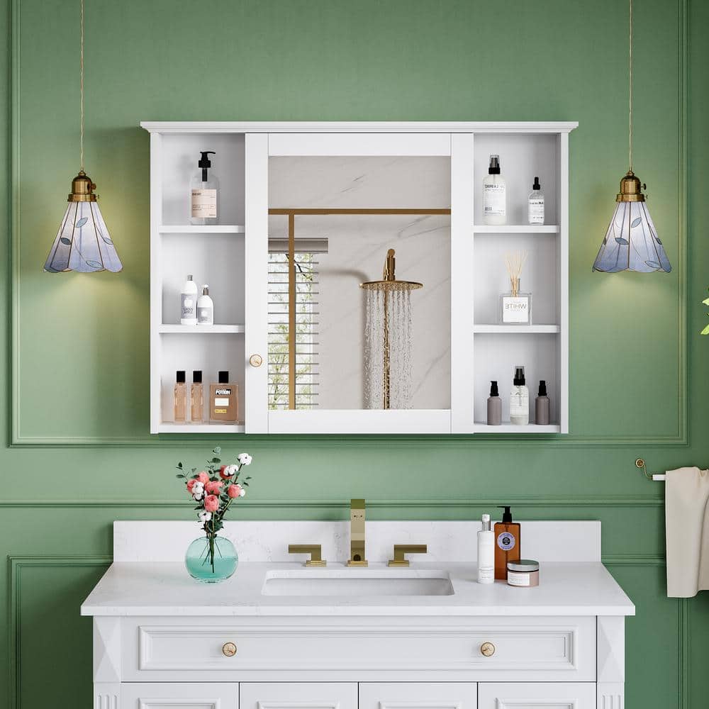 ANGELES HOME 42 in. W x 30 in. H Rectangular White Solid Wood Soft Close Bathroom Medicine Cabinet with Mirror, Easy Hang, Assembled