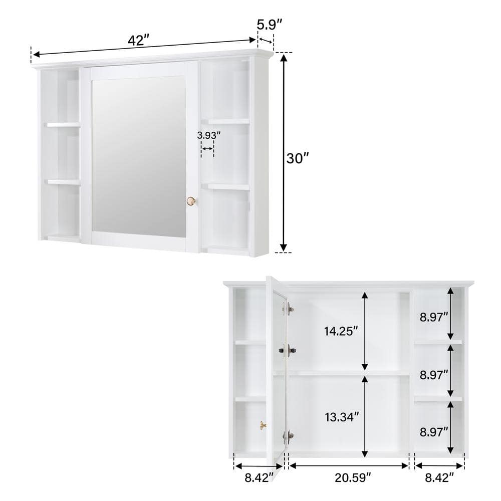 ANGELES HOME 42 in. W x 30 in. H Rectangular White Solid Wood Soft Close Bathroom Medicine Cabinet with Mirror, Easy Hang, Assembled