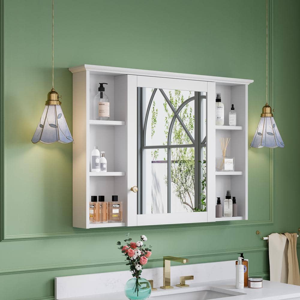 ANGELES HOME 42 in. W x 30 in. H Rectangular White Solid Wood Soft Close Bathroom Medicine Cabinet with Mirror, Easy Hang, Assembled