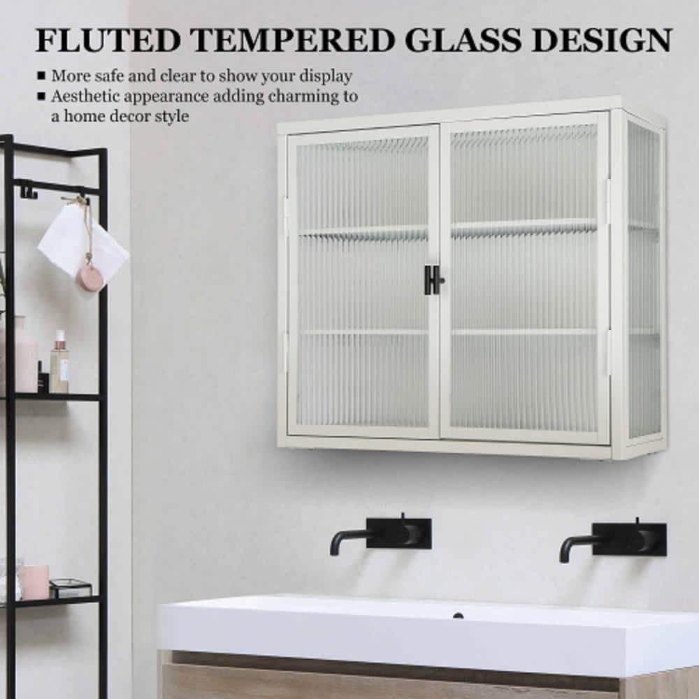 Adrinfly 27.60 in. L x 9.10 in. H x 23.60 in. W Double Glass Door Assembled Wall Cabinet with Detachable Shelves in White