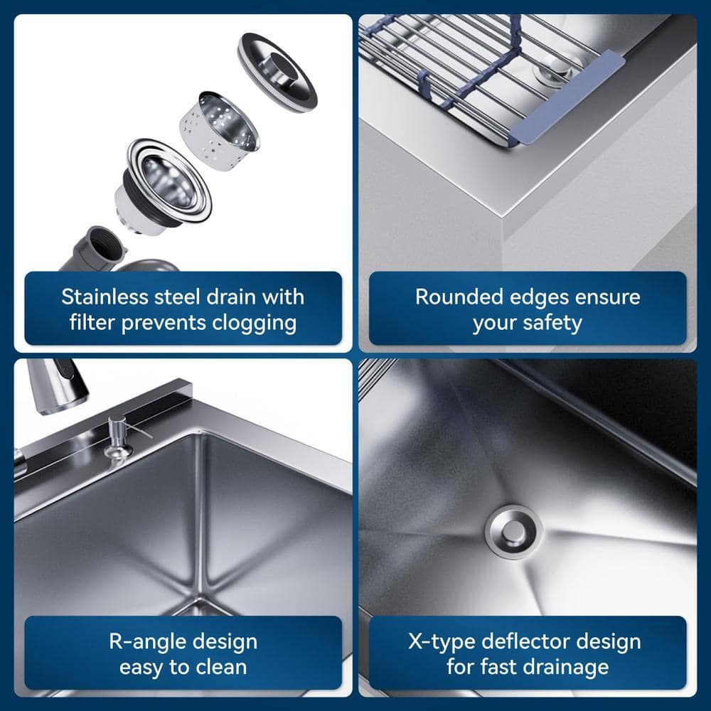 Adrinfly 20 in. D x 36 in. W Freestanding Stainless Steel Utility Sink in White with Faucet, Cold/Hot Water Hoses and Drain Kit