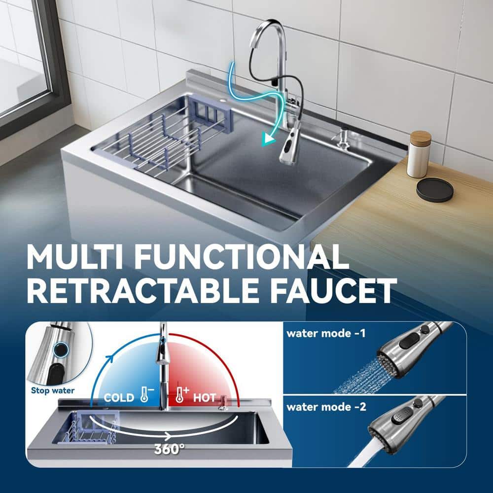 Adrinfly 20 in. D x 36 in. W Freestanding Stainless Steel Utility Sink in White with Faucet, Cold/Hot Water Hoses and Drain Kit
