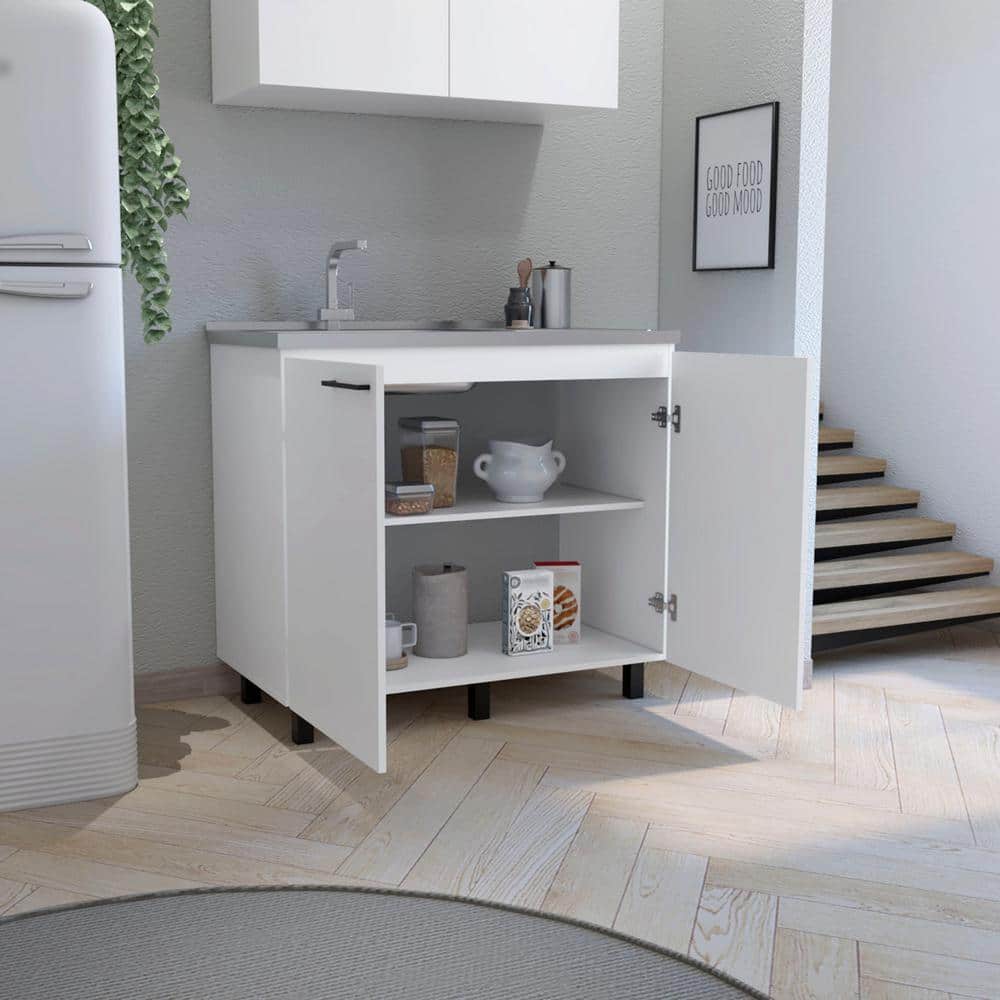 Adrinfly 39.40 in. D x 20.70 in. W Undermount Stainless Steel White Utility Sink with 2-Doors, 2-Shelves and Large Countertop