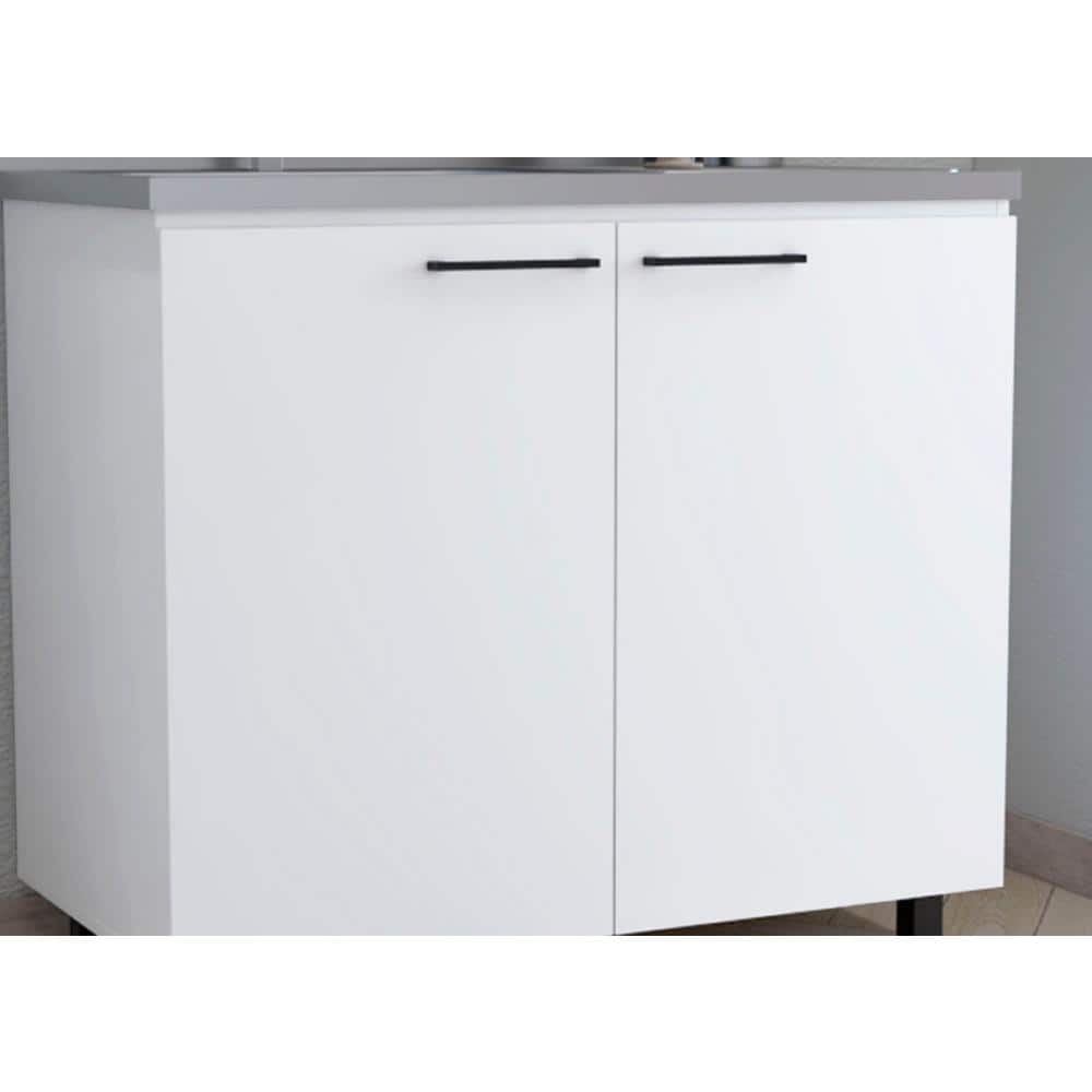 Adrinfly 39.40 in. D x 20.70 in. W Undermount Stainless Steel White Utility Sink with 2-Doors, 2-Shelves and Large Countertop