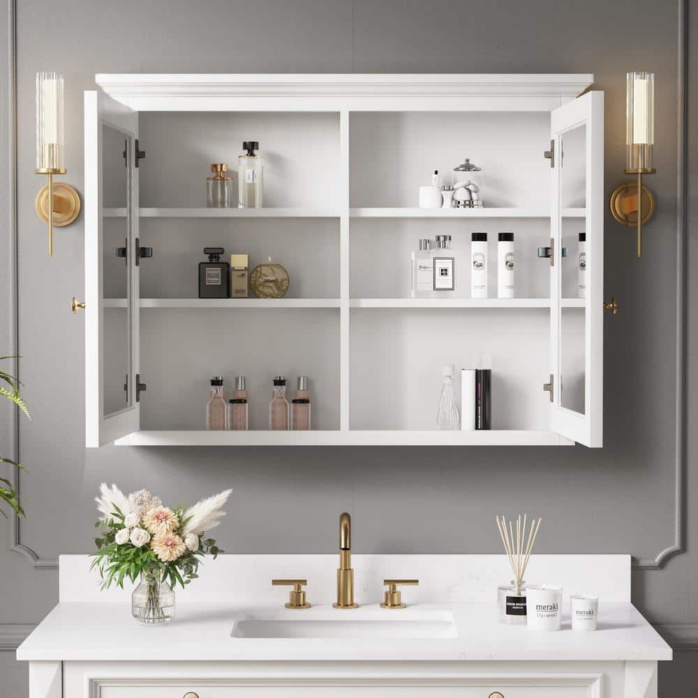 ANGELES HOME 40 in. W x 30 in. H Rectangular Solid Wood Wall Mount Medicine Cabinet with Mirror, 2-Soft-Closed Door,Easy Hang, White