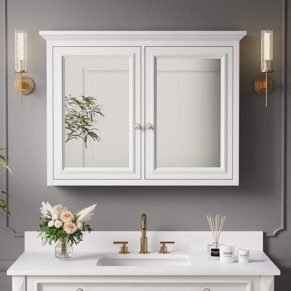 ANGELES HOME 40 in. W x 30 in. H Rectangular Solid Wood Wall Mount Medicine Cabinet with Mirror, 2-Soft-Closed Door,Easy Hang, White