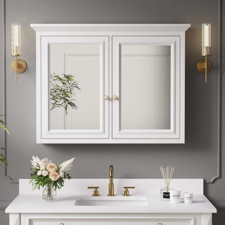 ANGELES HOME 40 in. W x 30 in. H Rectangular Solid Wood Wall Mount Medicine Cabinet with Mirror, 2-Soft-Closed Door,Easy Hang, White