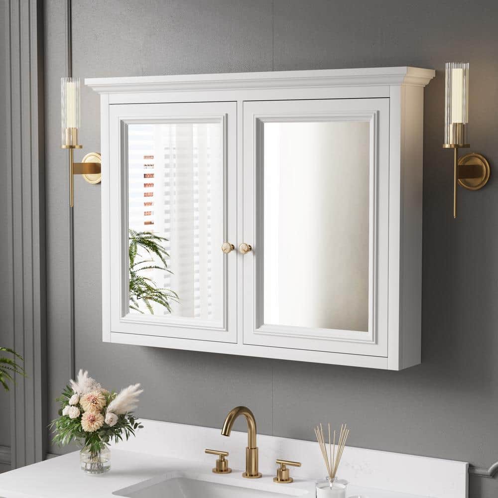 ANGELES HOME 40 in. W x 30 in. H Rectangular Solid Wood Wall Mount Medicine Cabinet with Mirror, 2-Soft-Closed Door,Easy Hang, White