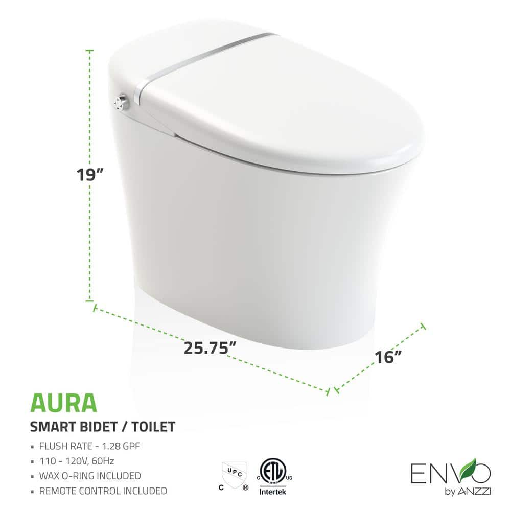 ANZZI ENVO Aura Smart Bidet Toilet with Remote Control, Auto Flush, Heated Seat, and Deodorizer in White