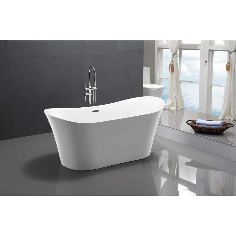 ANZZI Eft 67 in. Acrylic Flatbottom Freestanding Soaking Bathtub with Center Drain in Glossy White