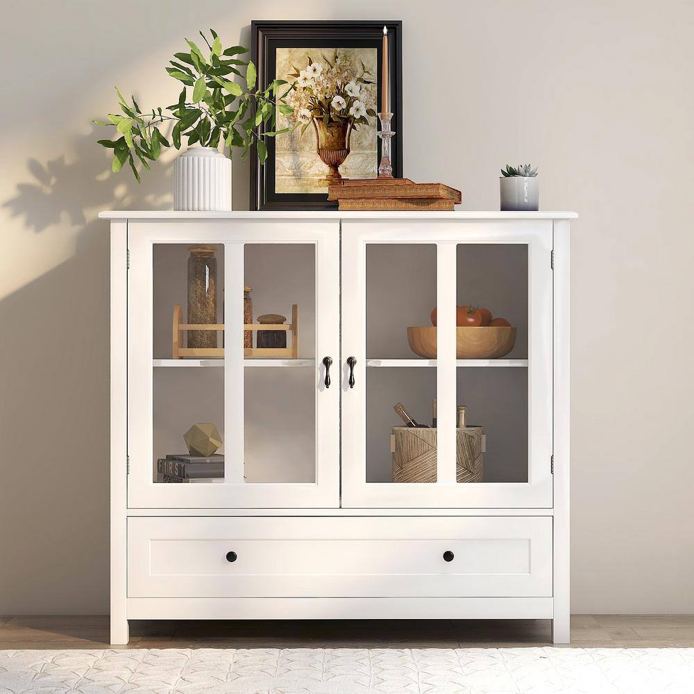 Modern 39.37-in W x 15.55-in D x 35.43-in H in White MDF Assemble Upper Diagonal Kitchen Cabinet with Double Glass Doors
