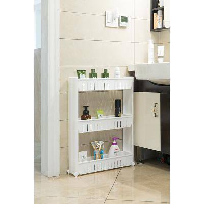 Basicwise Ready to Assemble 5 in. x 21 in. x 28.25 in. Plastic Pantry Storage Kitchen Cabinet 3-Shelf Cart Rack Tower Wheels White