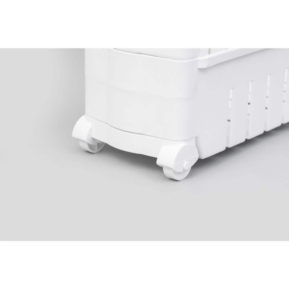 Basicwise Ready to Assemble 5 in. x 21 in. x 28.25 in. Plastic Pantry Storage Kitchen Cabinet 3-Shelf Cart Rack Tower Wheels White