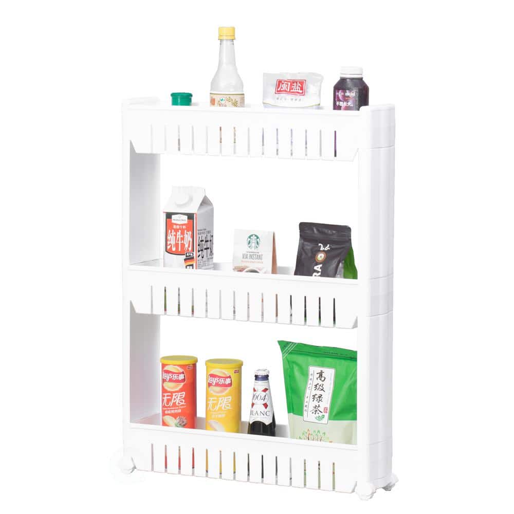 Basicwise Ready to Assemble 5 in. x 21 in. x 28.25 in. Plastic Pantry Storage Kitchen Cabinet 3-Shelf Cart Rack Tower Wheels White