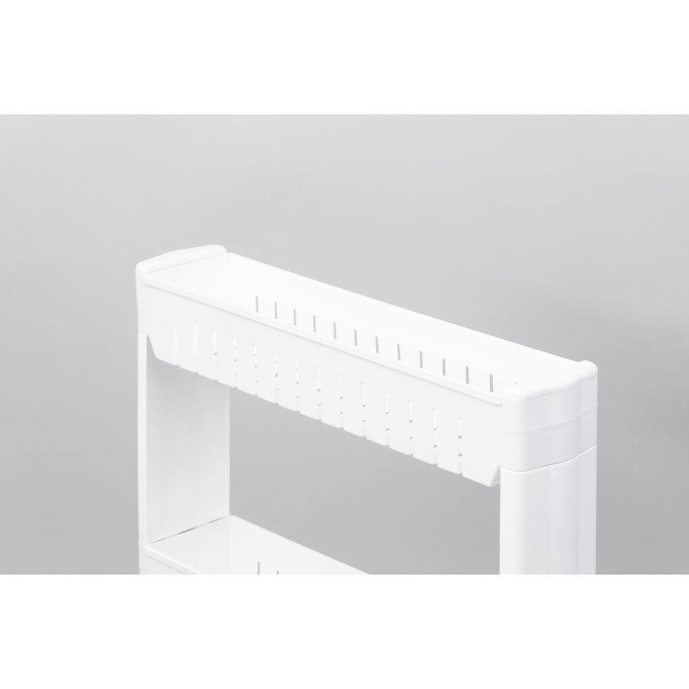Basicwise Ready to Assemble 5 in. x 21 in. x 28.25 in. Plastic Pantry Storage Kitchen Cabinet 3-Shelf Cart Rack Tower Wheels White