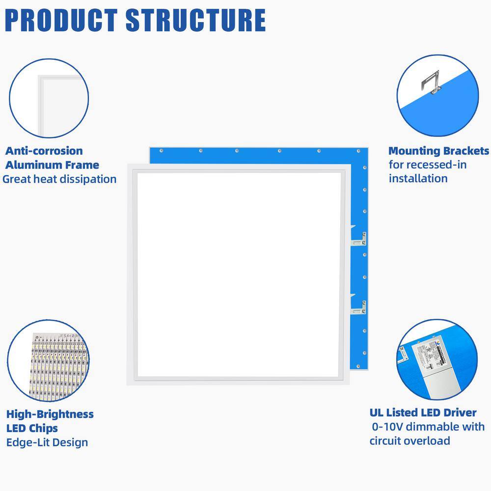 Bieuoram 2 ft. x 2 ft. 5800 Lumens Integrated LED Panel Light, 5000K Daylight, Dimmable 2x2 Recessed Edge-Lit Fixture (6-Pack)
