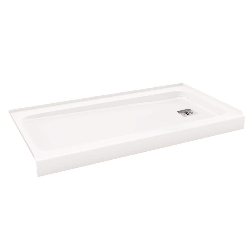 ShowerCast Plus 60 in. x 32 in. Single Threshold Shower Pan in White with Square Chrome Shower Drain Cover Right Drain