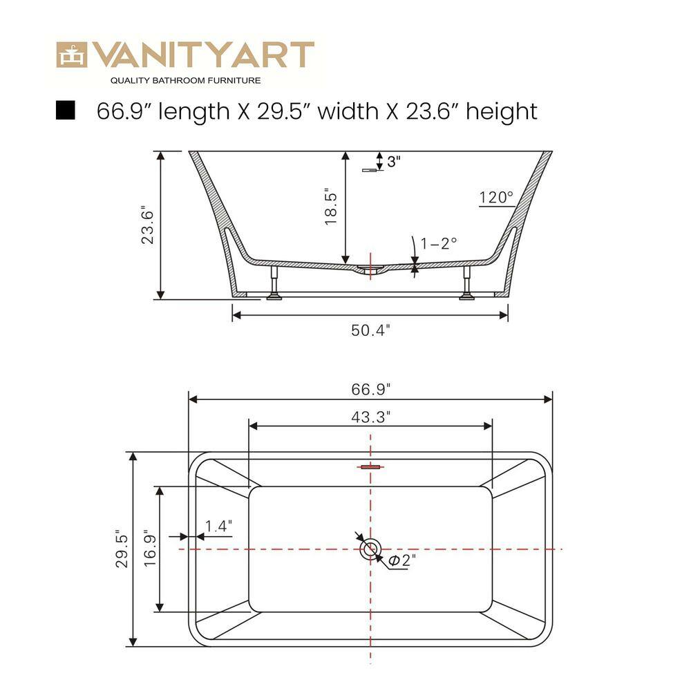 Vanity Art Nantes 67 in. x 30 in. Acrylic Freestanding Soaking Bathtub with Center Drain in White/Brushed Nickel