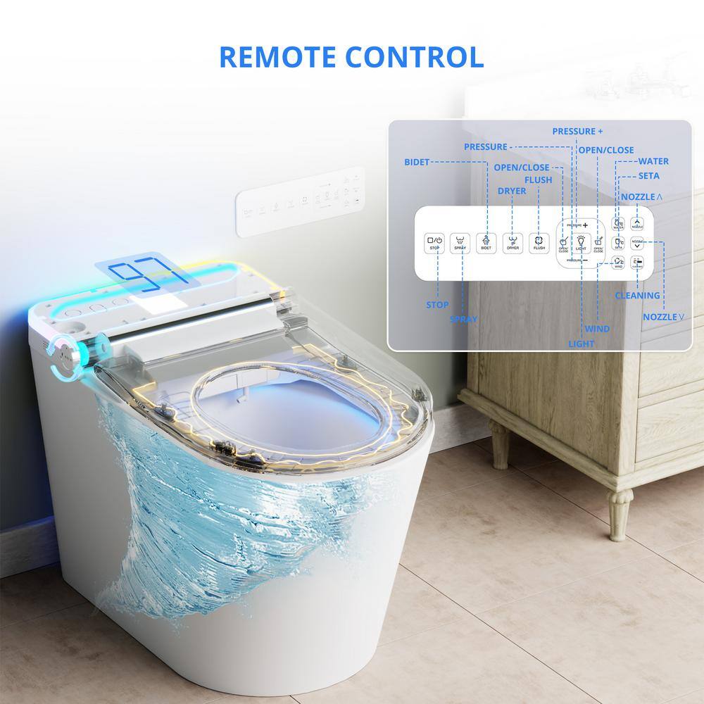 Relyblo Elongated Smart Bidet Toilet with Adjustable Sprayer, Built-In Aromatherapy, Foot Sensor