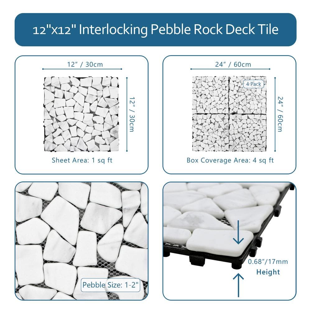 White Deck Pebble 12 in. x 12 in. Outdoor Patio Flooring Recycled Glass Interlocking Mosaic Floor Tile (4 sq. ft./Case)