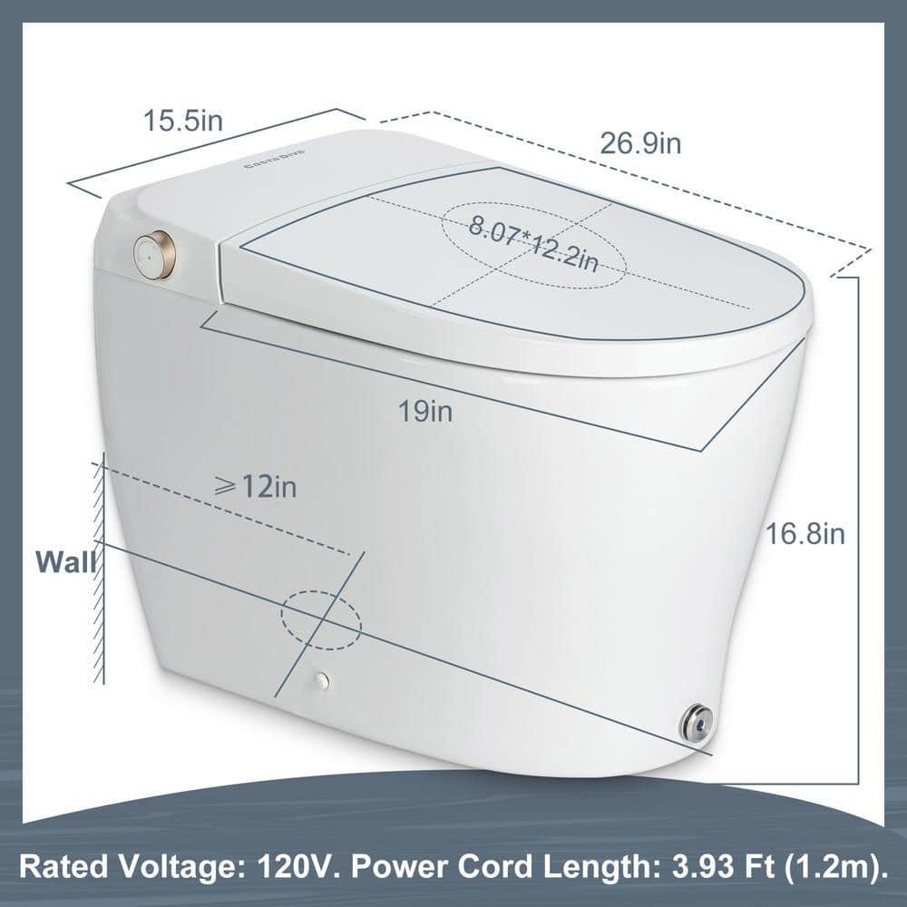 Casta Diva CD-Y070 Smart Tankless Bidet Toilet, Elongated, White, 1.28GPF