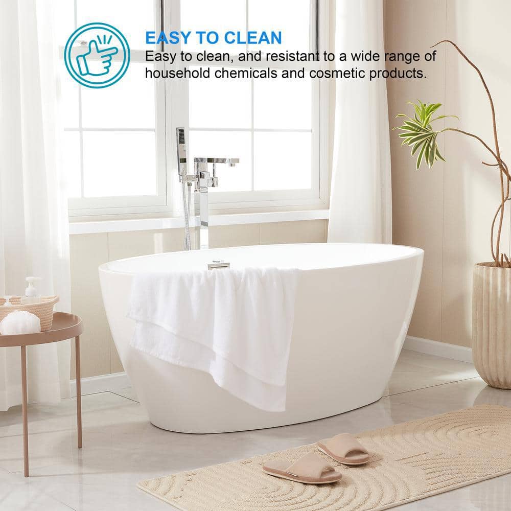 Vanity Art Calais 55 in. L x 32 in. W Acrylic Flatbottom Freestanding Bathtub with Center Drain in White/Polished Chrome