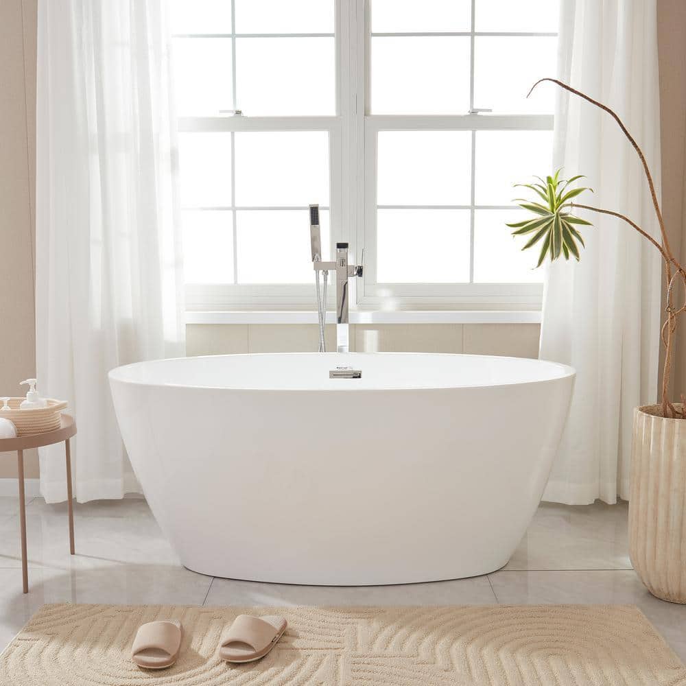Vanity Art Calais 55 in. L x 32 in. W Acrylic Flatbottom Freestanding Bathtub with Center Drain in White/Polished Chrome