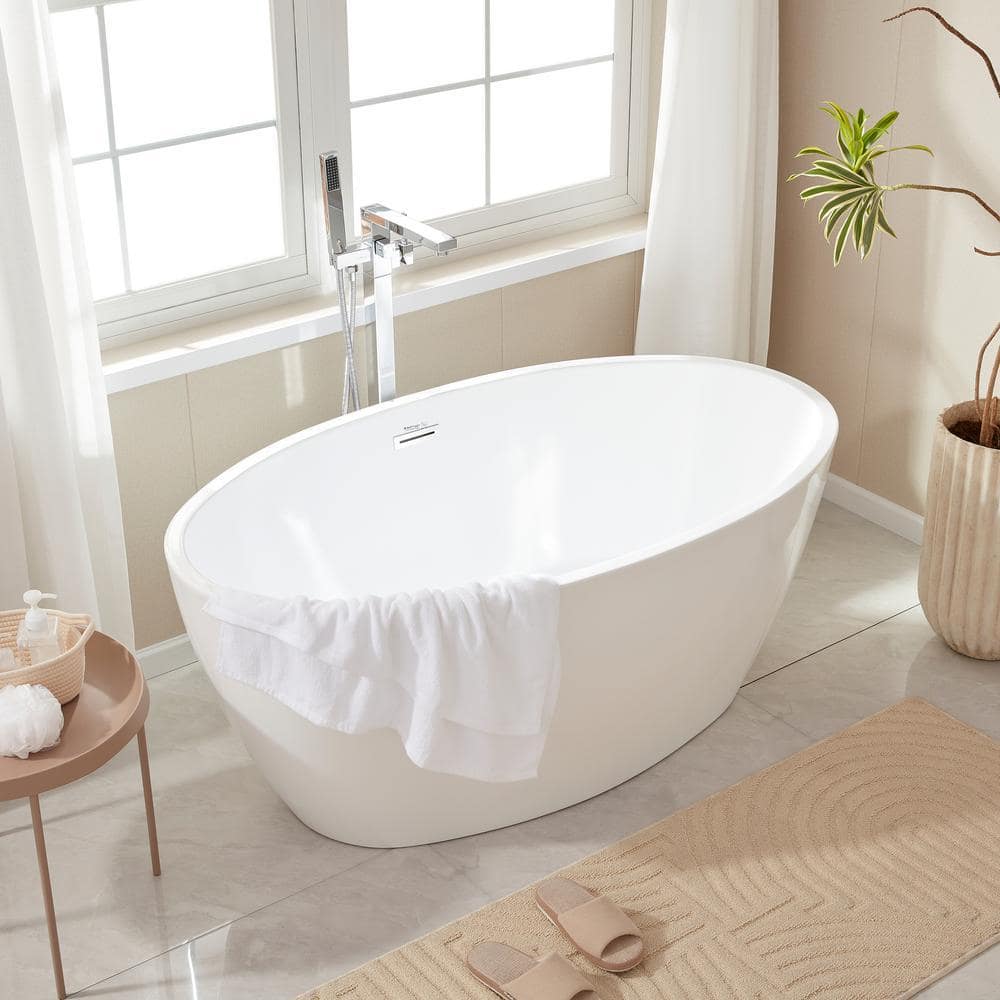 Vanity Art Calais 55 in. L x 32 in. W Acrylic Flatbottom Freestanding Bathtub with Center Drain in White/Polished Chrome